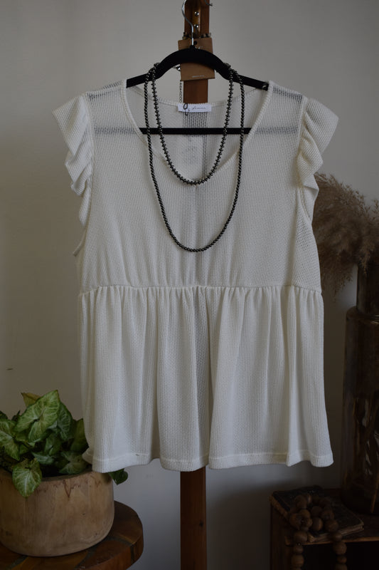 PLUS Ivory Waffle Knit Peplum Blouse