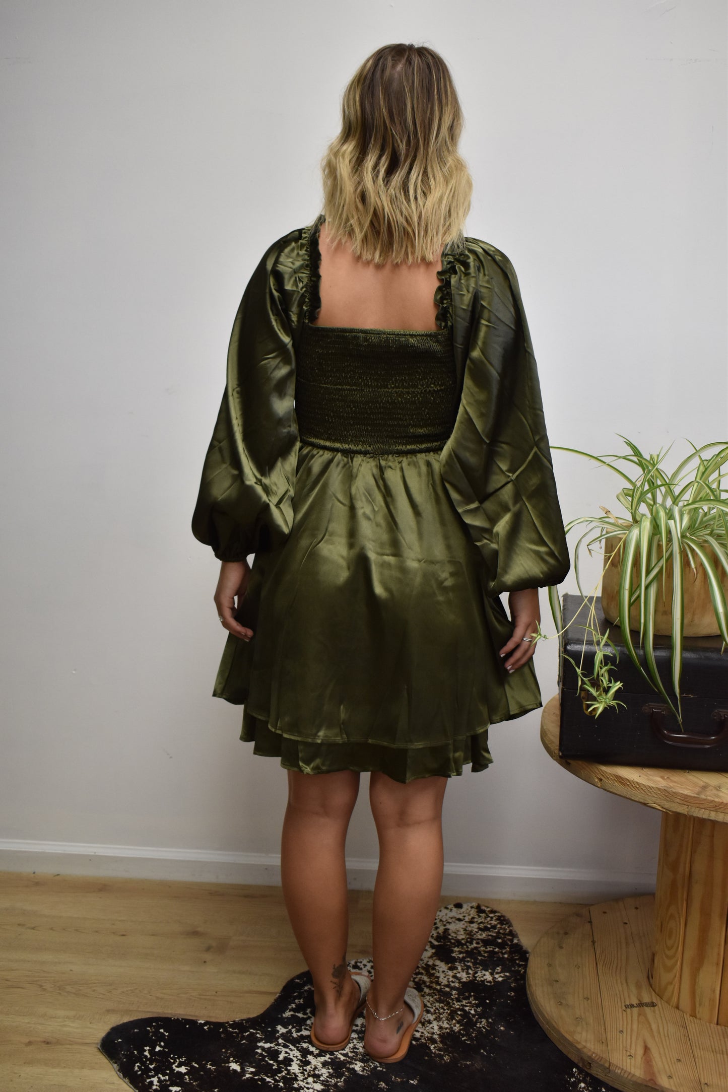 Olive Satin Smock Dress