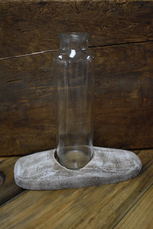 Whitewashed Wood Holder W/ Glass Vase