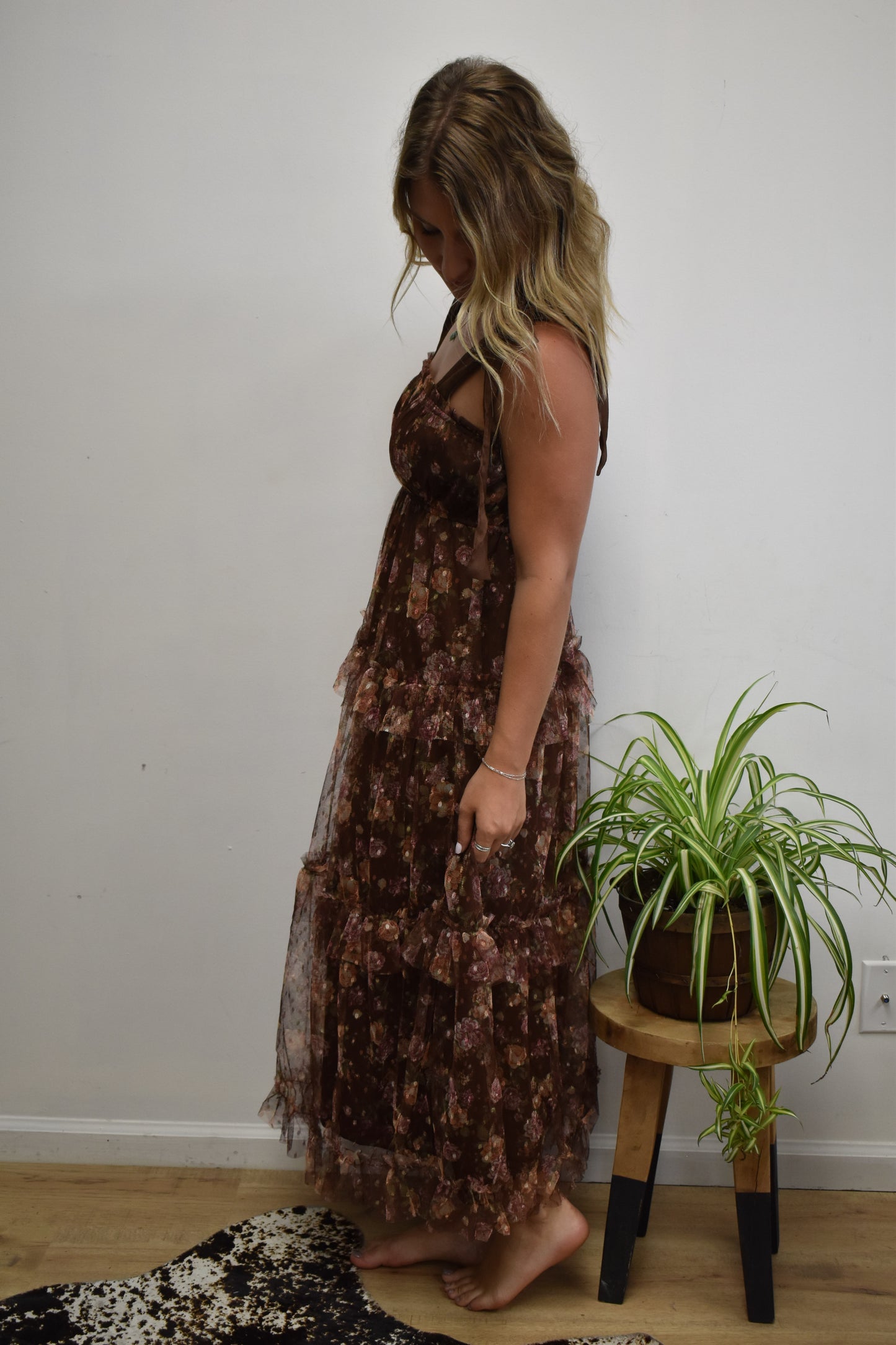Mocha Chiffon Tiered Midi Dress