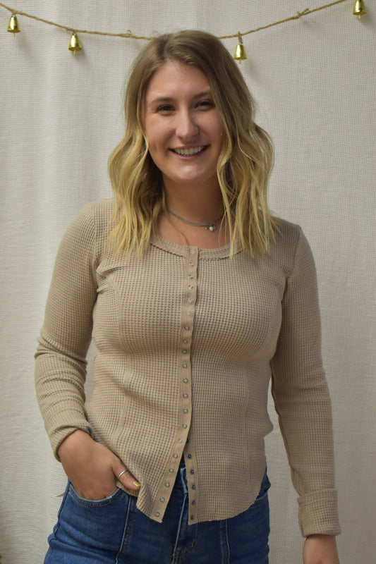 Mocha Waffle Knit Long Sleeve Top