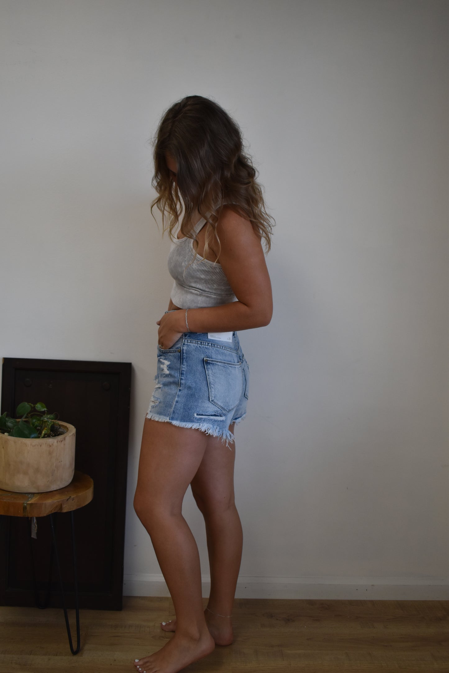 Double Button Light Wash Denim Shorts