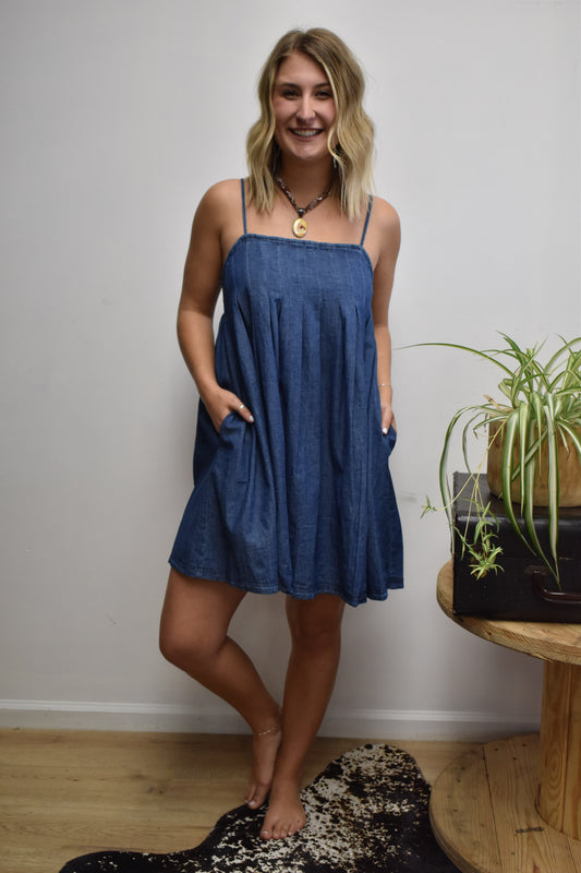 Babydoll Denim Pintuck Dress