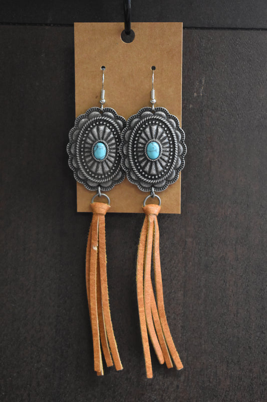 Concho & Leather Tassel Earrings