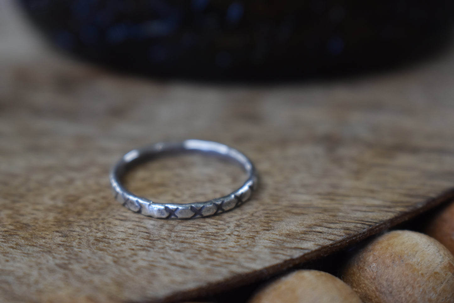 X Detail Sterling Silver Hammered Stackable Ring