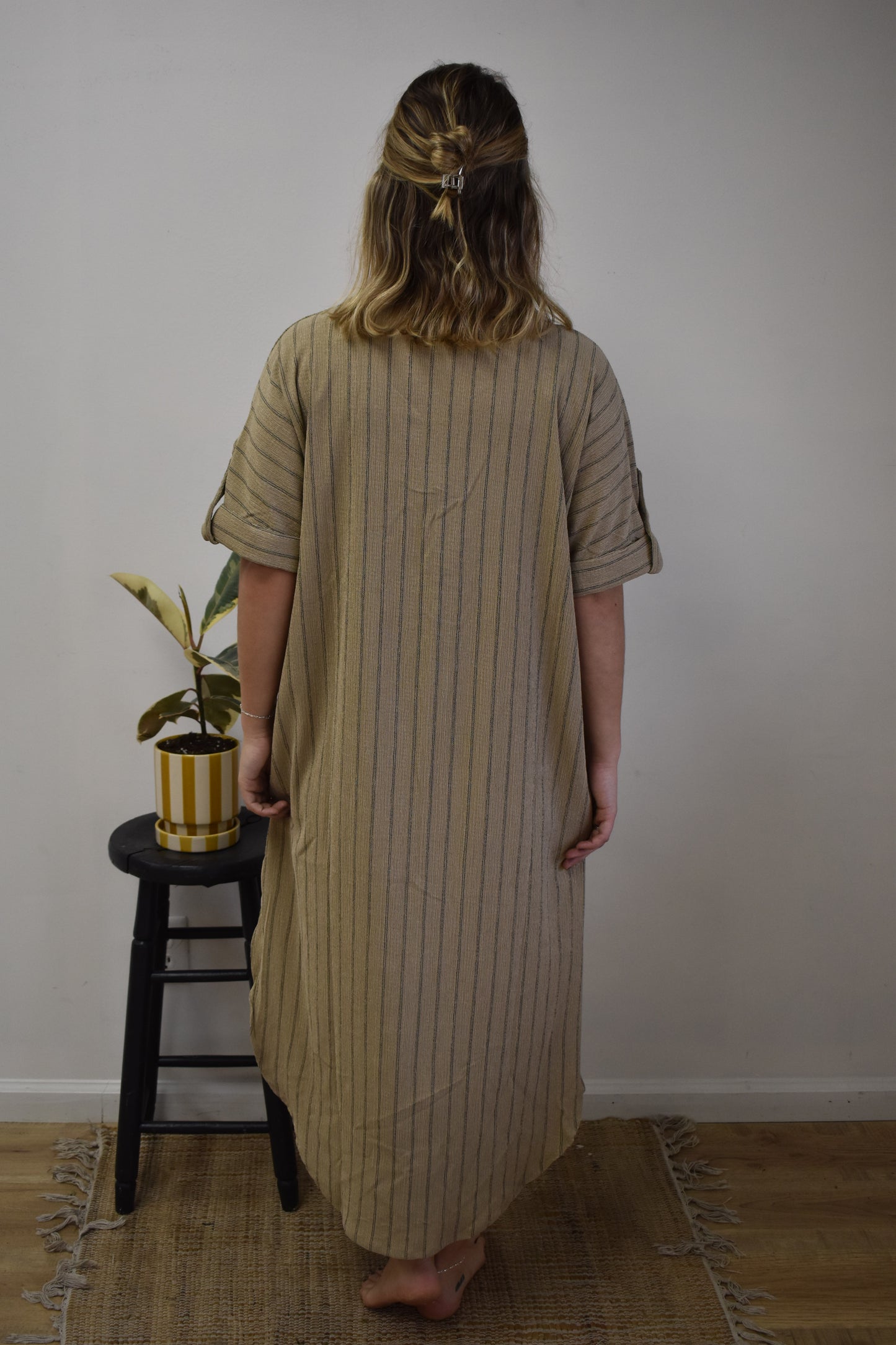 Taupe Striped Linen Button Down Dress