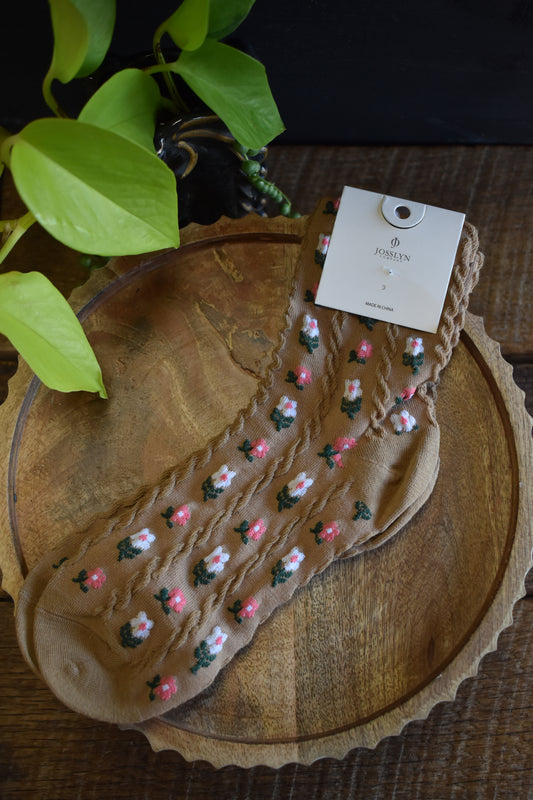 Tan Floral Crew Socks