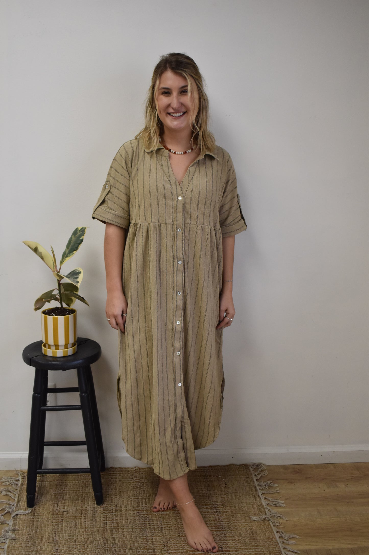 Taupe Striped Linen Button Down Dress