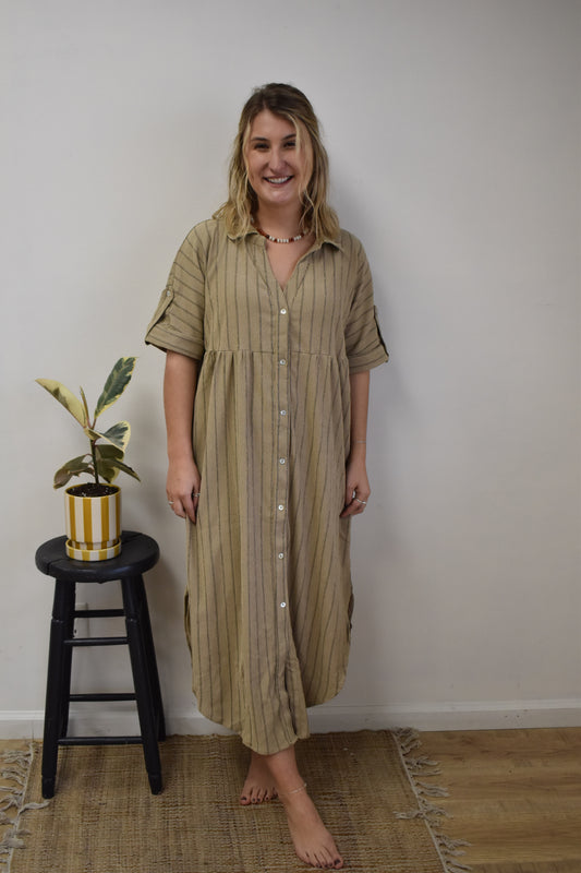 Taupe Striped Linen Button Down Dress