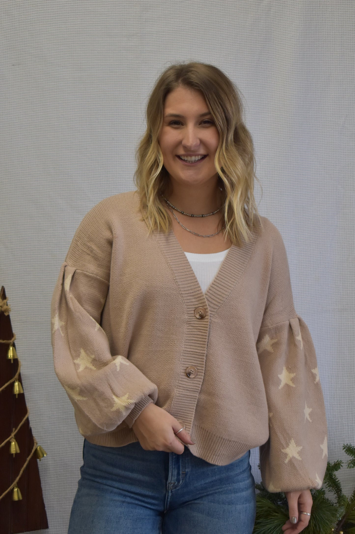Taupe Puff Sleeve Star Sweater