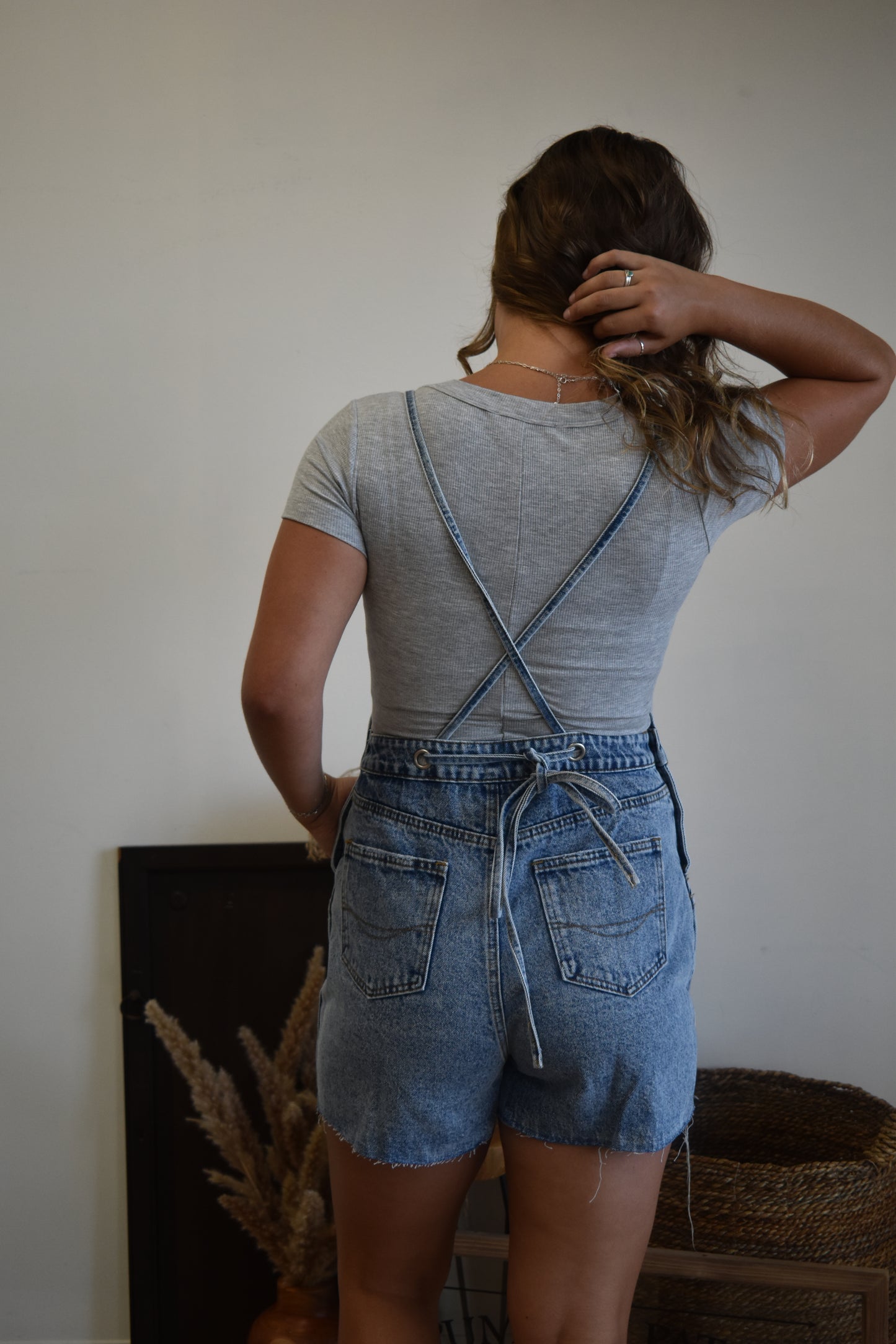 Distressed Denim Short Overall