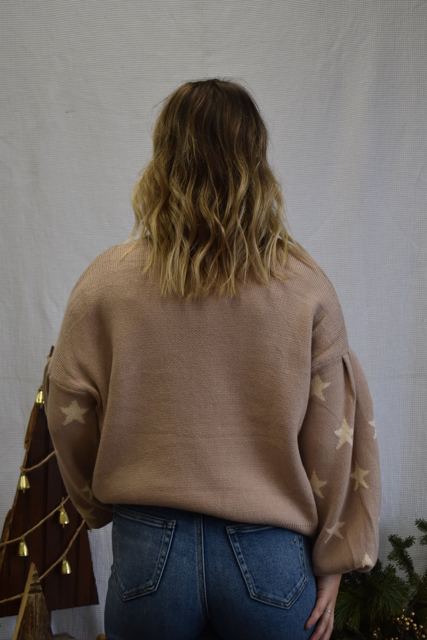 Taupe Puff Sleeve Star Sweater