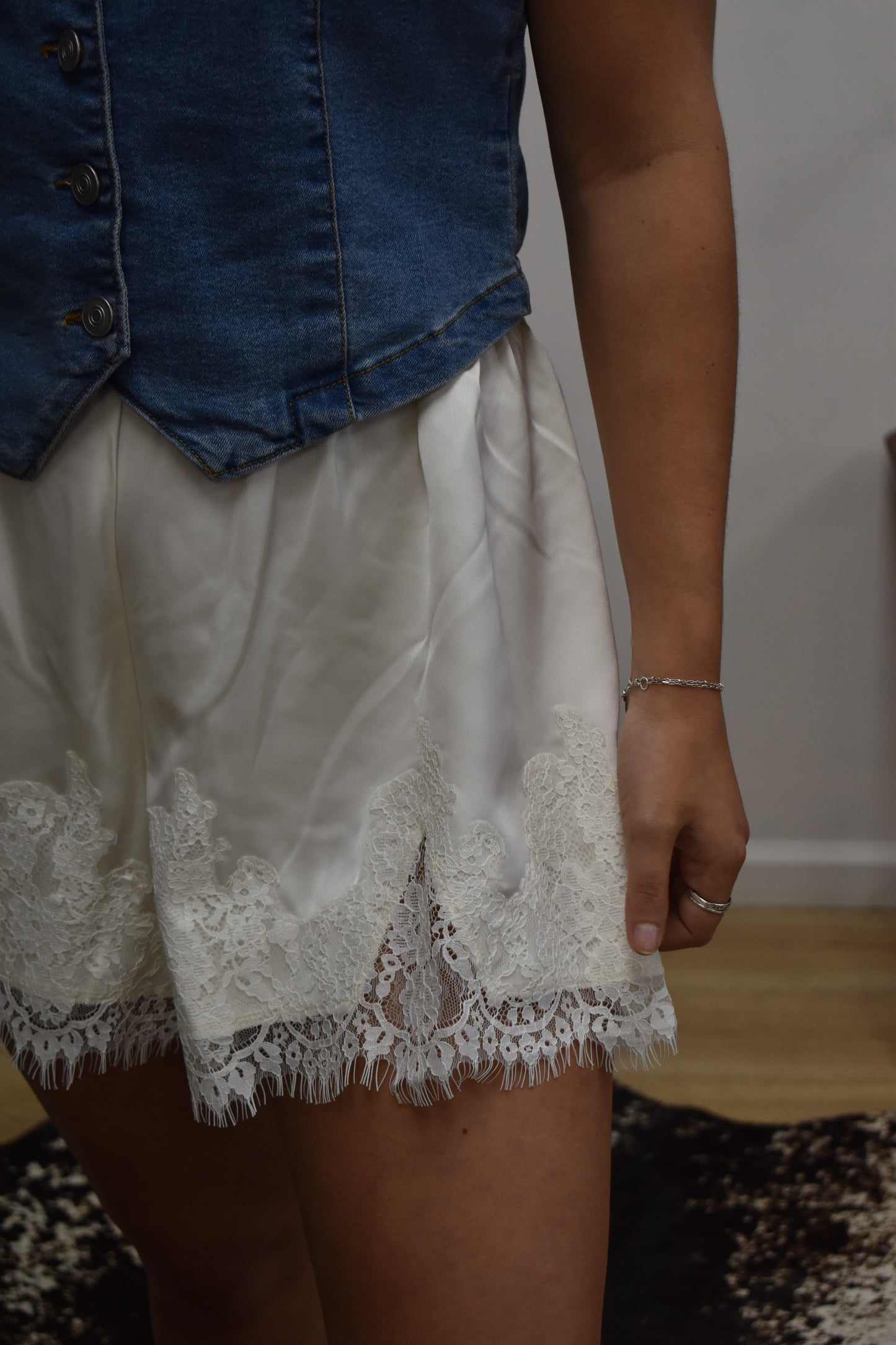 White Satin Lace Shorts