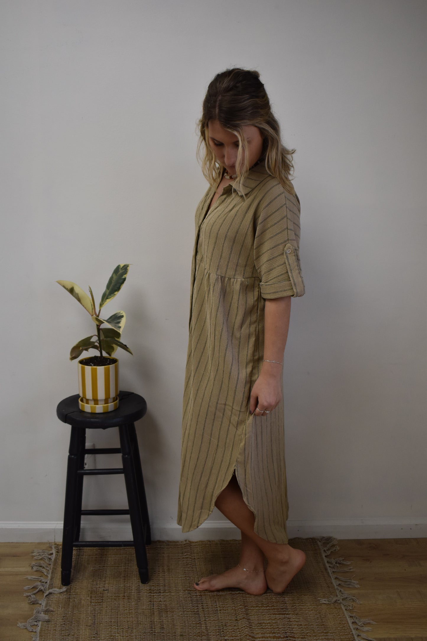 Taupe Striped Linen Button Down Dress