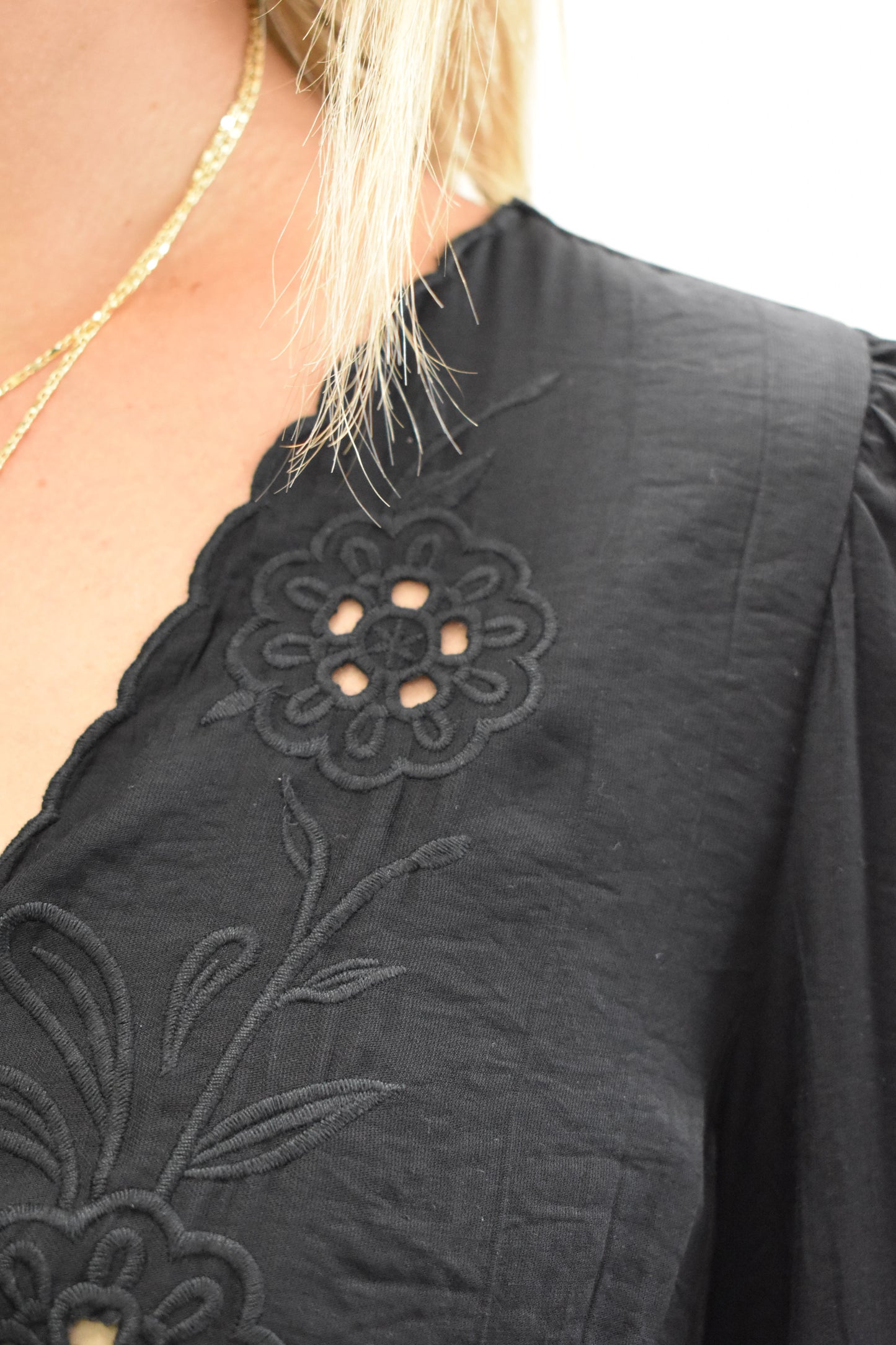 Embroidered Front Tie Long Sleeve Top