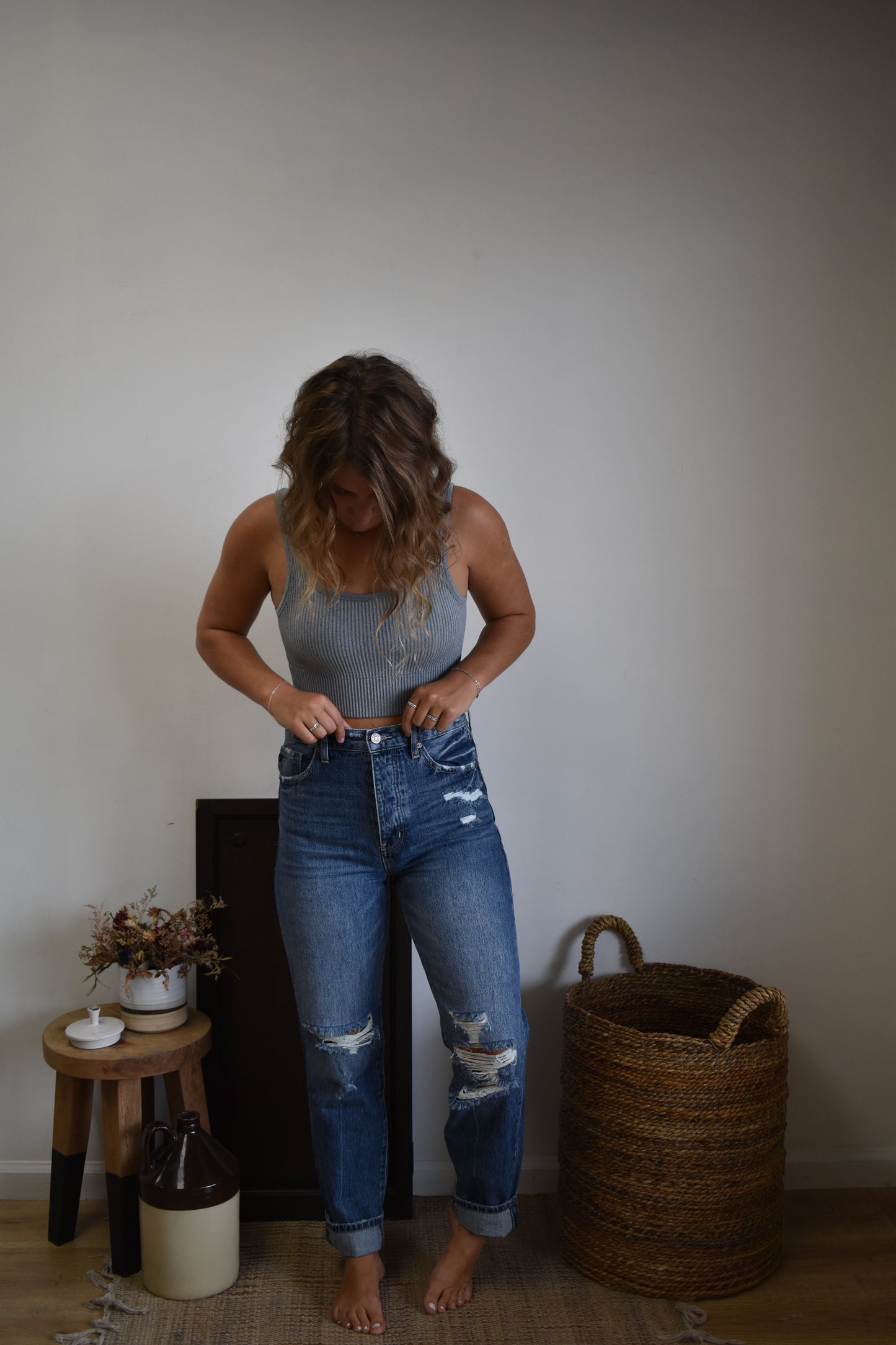 Medium Dark Distressed Boyfriend Jeans