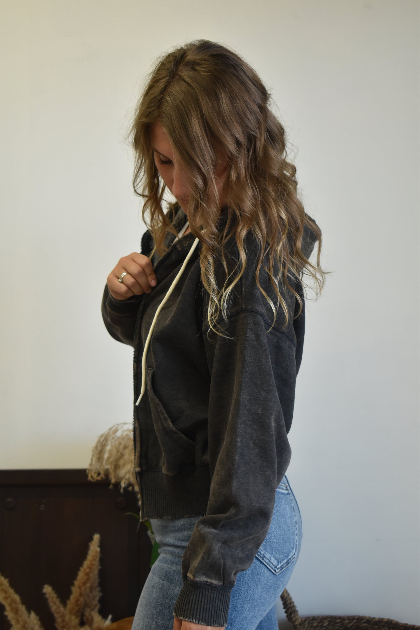 Acid Wash Cropped Zip-Up Hoodie