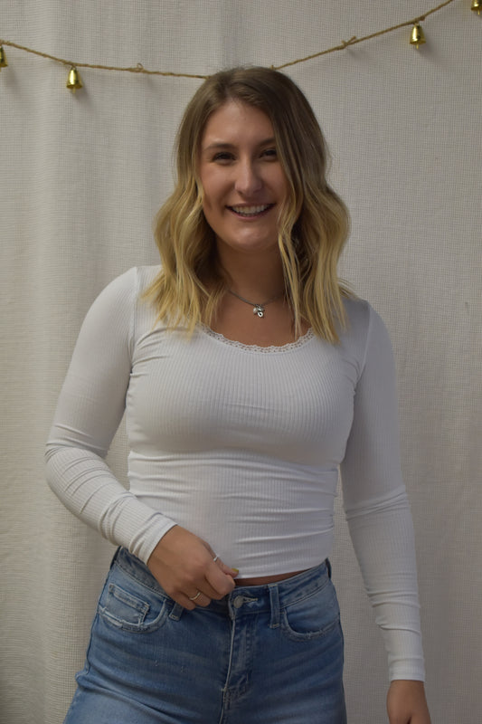 Ribbed & Lace Trim Long Sleeve