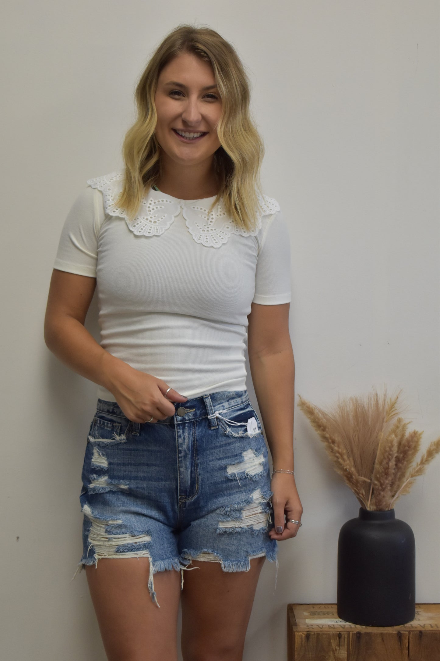 Eyelet Collared Ribbed Blouse