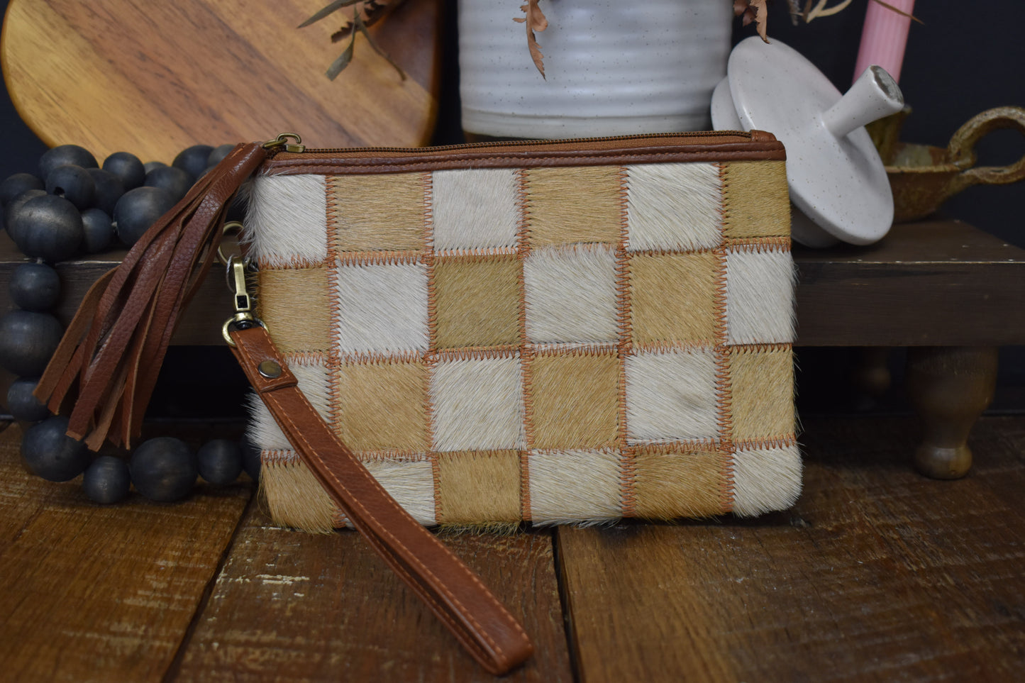 Checkered Cowhide Wristlet Bag
