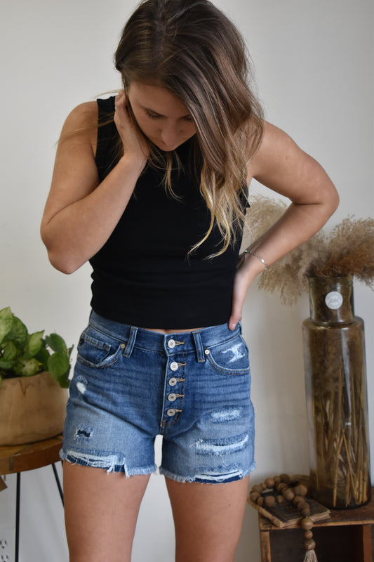 Button Fly Distressed Mom Shorts