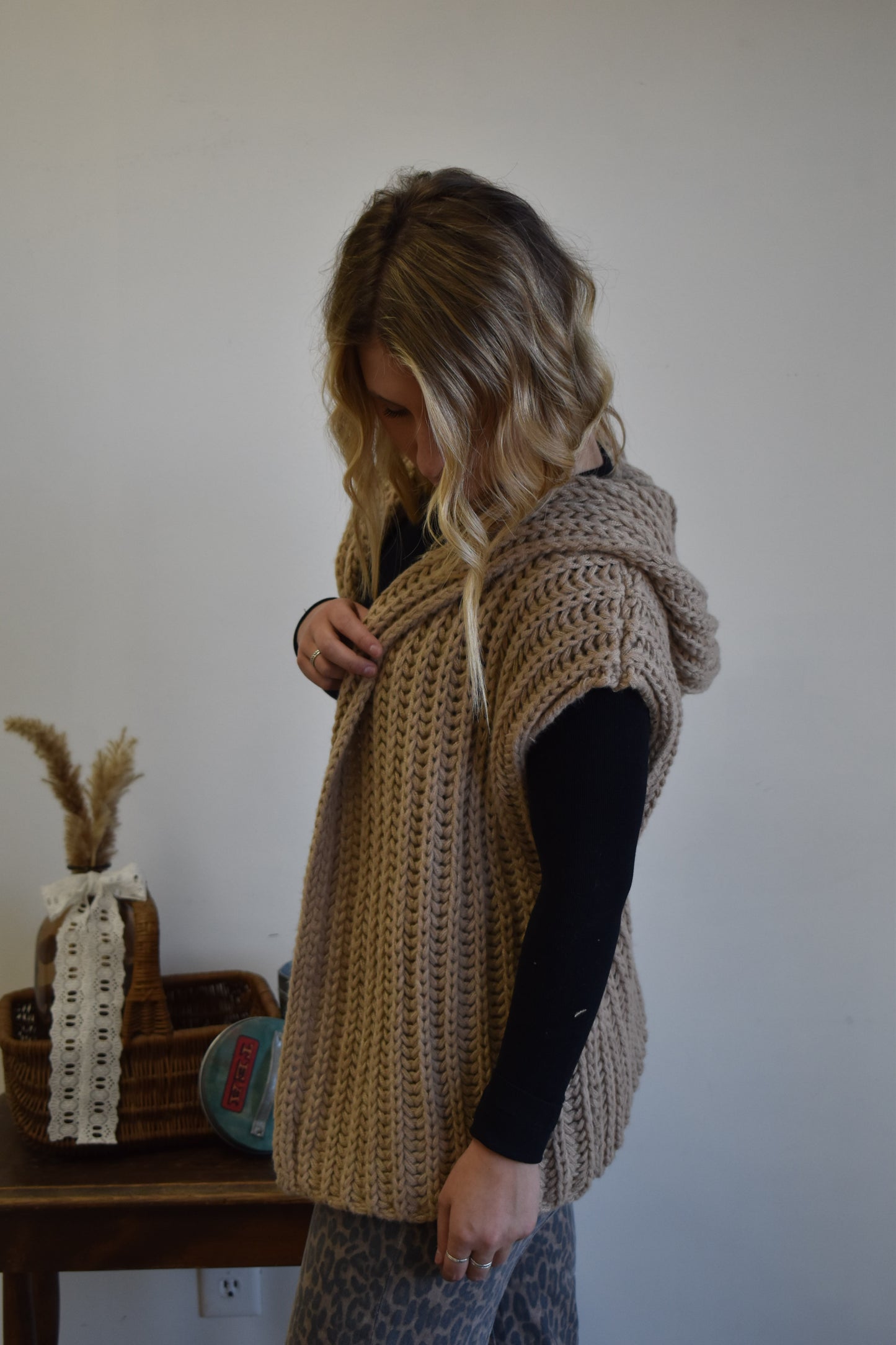 Oatmeal Chunky Knit Hooded Vest