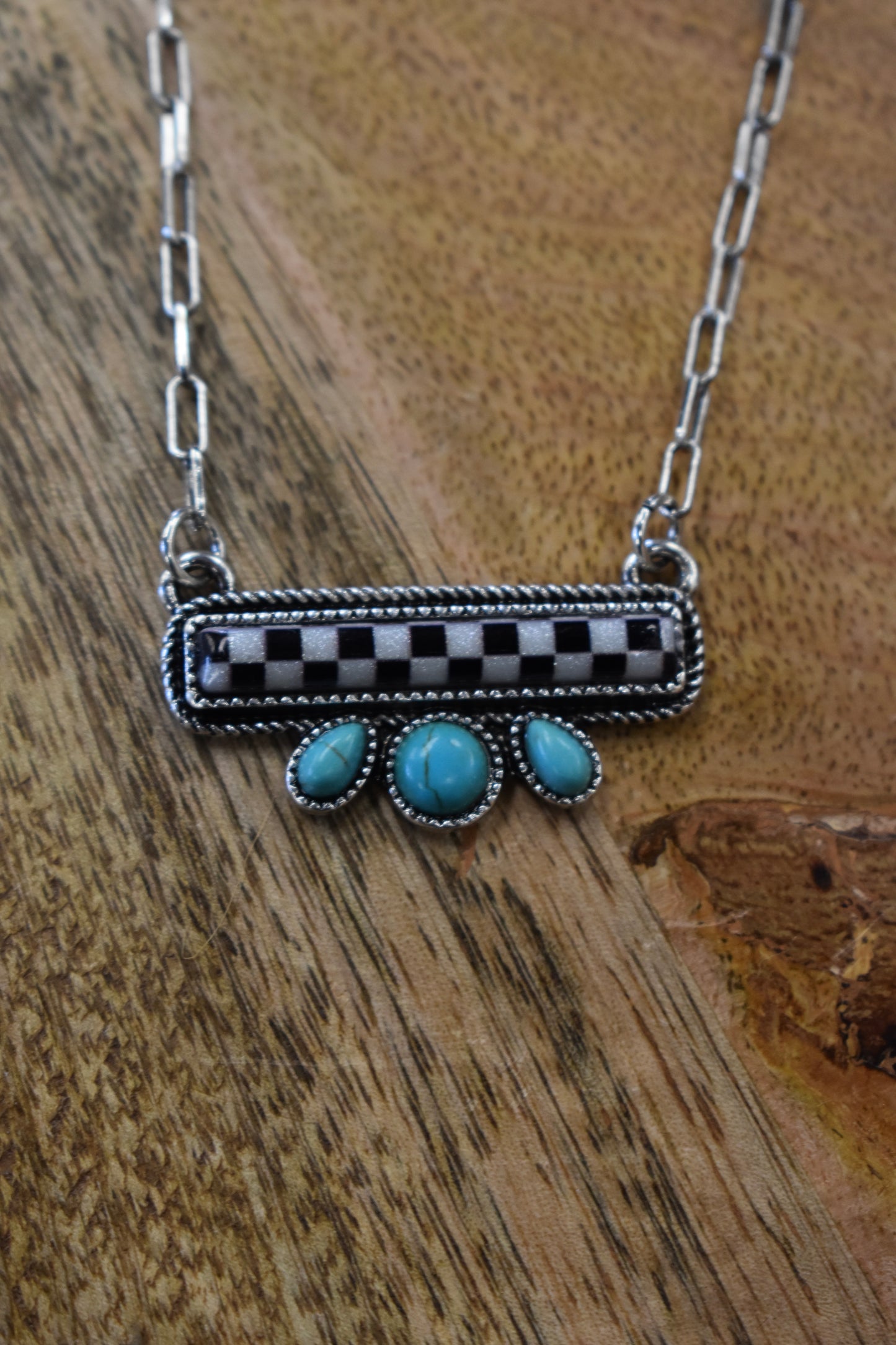 Checker & Turquoise Bar Necklace