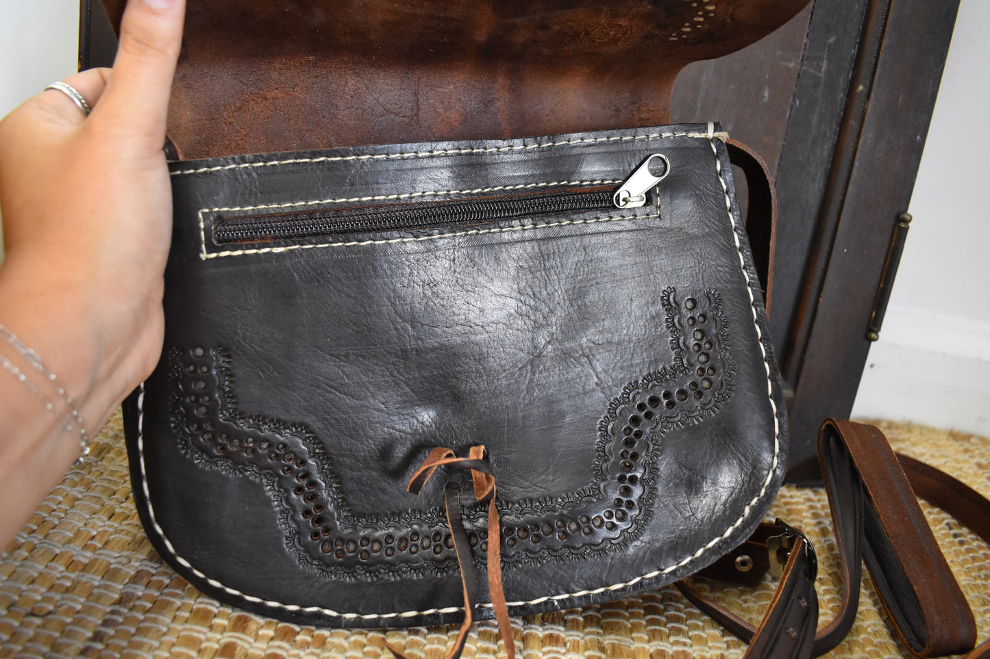 Dark Brown Round Tooled Crossbody