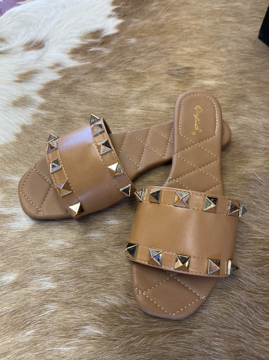 Leather Studded Square-Toe Sandals